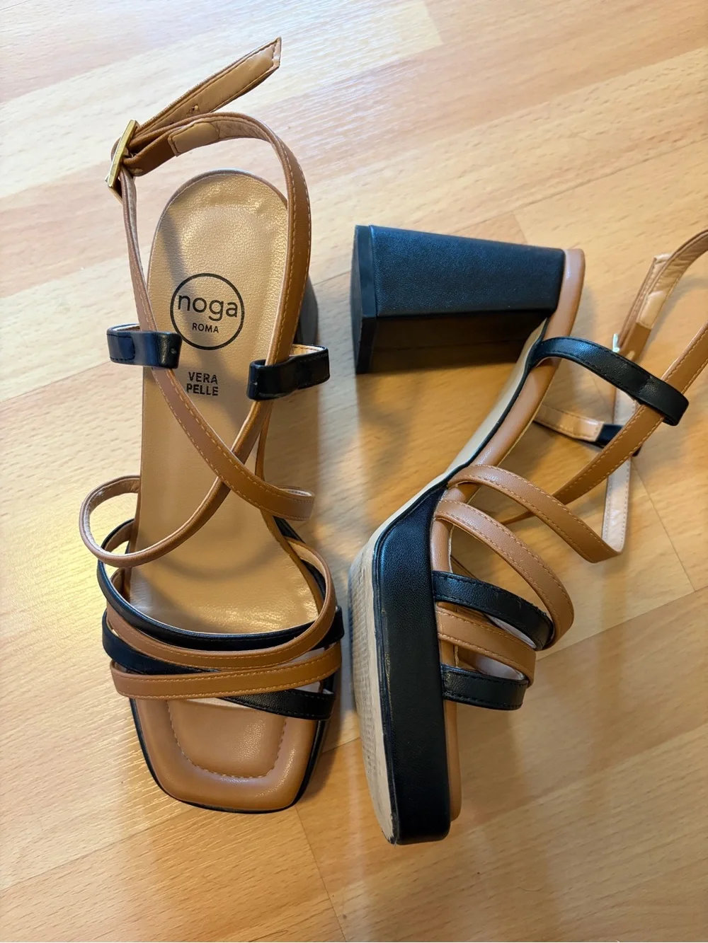 Women's Two-Tone Tan and Black Strappy Block Heel Sandals